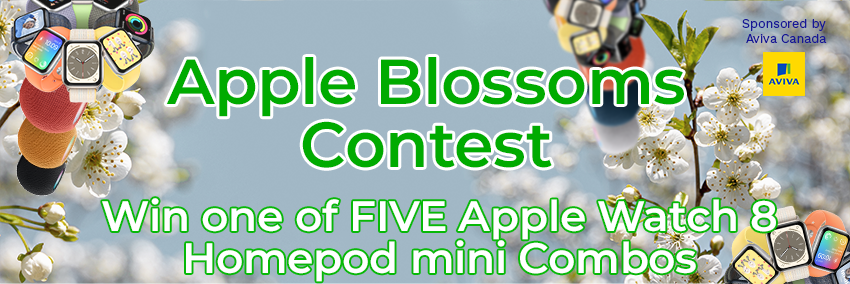 Apple Blossoms 2023 contest. Enter to win one of five Apple Watch 8 and HomePod mini combos